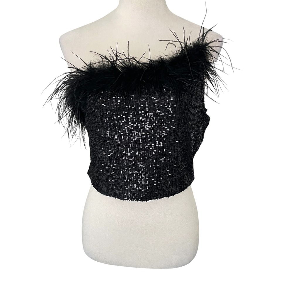 Crystal Sky One Shoulder Sequin Crop Top Black Feather Trim Festive Sz L